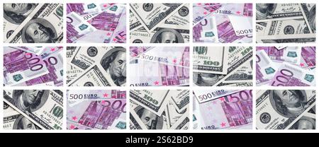Un collage di molte immagini delle banconote in tagli da 100 e 500 euro giacente nella memoria heap Foto Stock