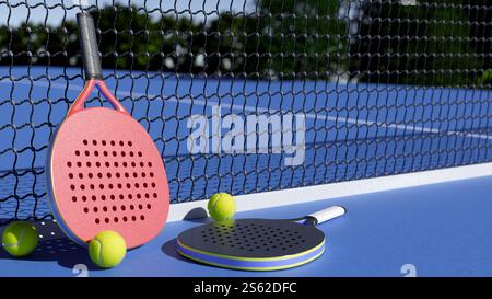 Attrezzature sportive su campo blu, con racchette e palle per giocare a tennis. Rendering 3D. Foto Stock