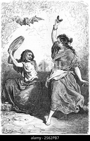 Zingari di Granada, donne zingare, rom o rom che ballano lo Zorongo, una forma di Palo, Cante o Flamenco nella musica popolare andalusa a Sacromonte o Sacramonte Granada Andalusia Spagna. Incisione vintage o storica o illustrazione di Gustave Doré 1864 Foto Stock