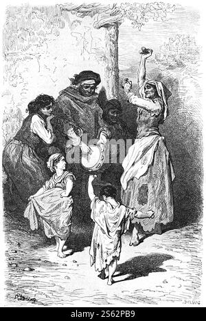 Zingari di Granada, donne zingare, rom o rom che ballano lo Zorongo, una forma di Palo, Cante o Flamenco nella musica popolare andalusa a Sacromonte o Sacramonte Granada Andalusia Spagna. Incisione vintage o storica o illustrazione di Gustave Doré 1864 Foto Stock