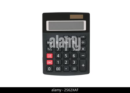 Grande calcolatrice rettangolare nera con pannello solare e due pulsanti rossi isolati su sfondo bianco. Grande calcolatrice rettangolare nera con pannello solare Foto Stock