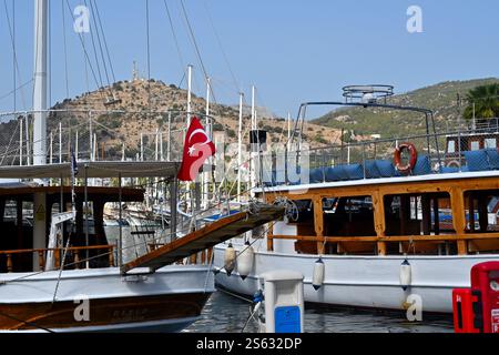 Caicco, barche tradizionali in Turchia, osservate da una passeggiata principale nel porto di Bodrum costeggia il porto turistico. Foto Stock