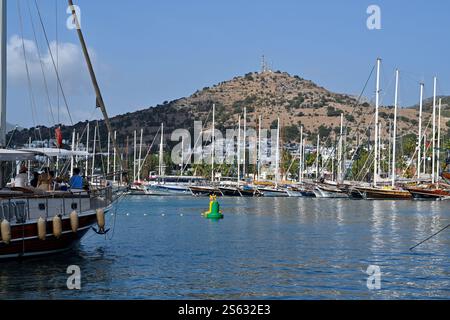 Caicco ormeggiato, barche tradizionali in Turchia, osservate da una passeggiata principale nel porto di Bodrum costeggia il porticciolo. Foto Stock