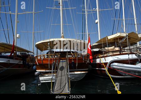 Passerella d'ingresso al caicco, barche tradizionali in Turchia, osservata da una passeggiata principale nel porto di Bodrum lungo il porticciolo. Foto Stock
