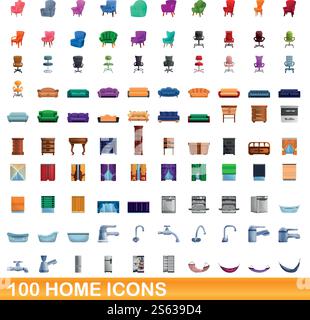 set di 100 icone home. Illustrazione a cartoni animati di 100 icone principali, insieme di vettori isolato su sfondo bianco. set di 100 icone home, stile cartone animato Illustrazione Vettoriale