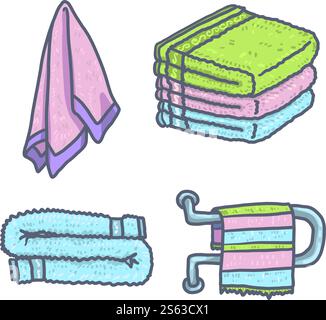 Set di icone degli asciugamani. Set di icone vettoriali per asciugamani disegnate a mano per la progettazione Web. Set di icone degli asciugamani, stile disegnato a mano Illustrazione Vettoriale