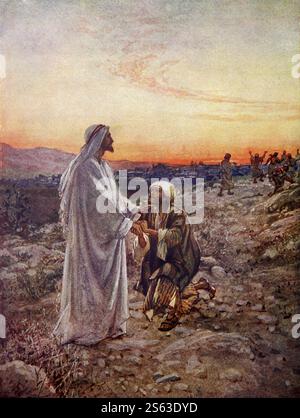 Piatto colorato del lebbroso che è tornato a Gesù Cristo per ringraziarlo dopo essere stato guarito quando Gesù ha detto a dieci lebbrosi di mostrarsi al sacerdote Foto Stock