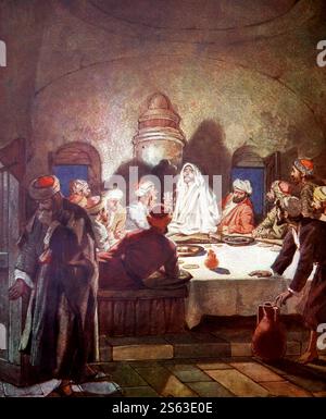Piatto colorato dell'ultima cena e Giuda Iscariota che lascia (Vangelo) dal 1906-10 la vita di Gesù di Nazareth raffigurata a colori Foto Stock