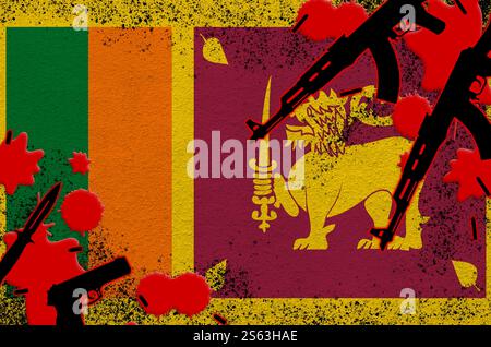 Bandiera dello Sri Lanka e pistole a sangue rosso. Concetto di attacco terroristico e operazioni militari. Traffico di armi. Bandiera dello Sri Lanka e pistole a sangue rosso. Foto Stock