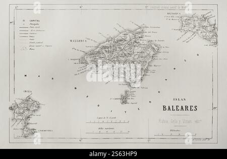 Storia della Spagna. Mappa delle Isole Baleari. Incisione, XIX secolo. Crónica General de España, Historia Ilustrada y Descriptiva de sus Provincias (Cronaca generale di Spagna, illustrata e descrittiva storia delle sue Province), Baleari, 1871. Foto Stock