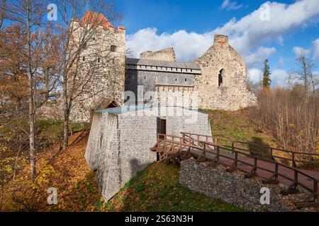 Vista del vecchio castello medievale a Sigulda, Lettonia, con il paesaggio autunnale. Antico castello medievale di Sigulda circondato da colorati alberi autunnali, caratterizzato da uno storico Foto Stock