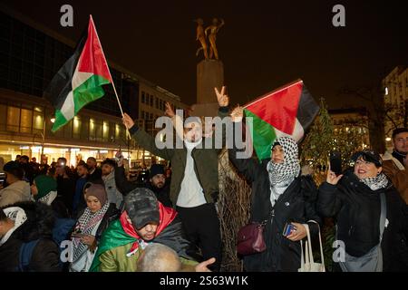 Berlino, Germania. 15 gennaio 2025. Numerose persone celebrano il cessate il fuoco concordato tra Israele e Hamas a Hermannplatz. Crediti: Jörg Carstensen/dpa/Alamy Live News Foto Stock