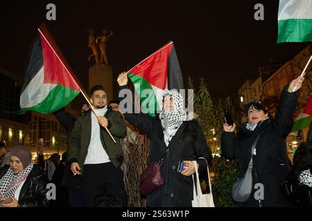 Berlino, Germania. 15 gennaio 2025. Numerose persone celebrano il cessate il fuoco concordato tra Israele e Hamas a Hermannplatz. Crediti: Jörg Carstensen/dpa/Alamy Live News Foto Stock