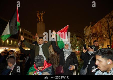 Berlino, Germania. 15 gennaio 2025. Numerose persone celebrano il cessate il fuoco concordato tra Israele e Hamas a Hermannplatz. Crediti: Jörg Carstensen/dpa/Alamy Live News Foto Stock