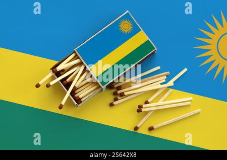 La bandiera del Ruanda è mostrata su una scatola di fiammiferi aperta, da cui cadono diverse partite e giace su una grande bandiera. La bandiera del Ruanda è mostrata su una scatola di fiammiferi aperta, da Foto Stock