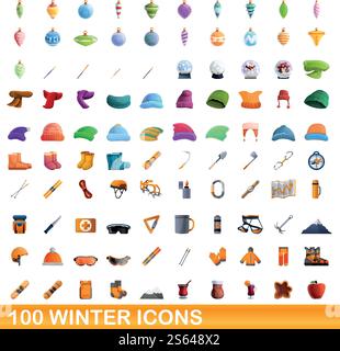 set di icone invernali 100. Illustrazione a cartoni animati di 100 icone invernali insieme di vettori isolati su sfondo bianco. set di icone invernali 100, stile cartone animato Illustrazione Vettoriale