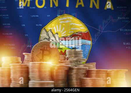 Bandiera dello stato del Montana e una grande quantità di bitcoin d'oro e grafico della piattaforma di trading. Concetto di valuta cripto. Montana bandiera dello stato americano e grande Foto Stock