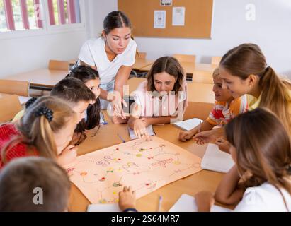 Insegnante femminile e scolaresche che giocano a un gioco da tavolo durante la lezione Foto Stock