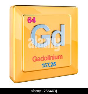Gadolinio Gd, segno di elemento chimico con numero 64 in tavola periodica. Rendering 3D isolato su sfondo bianco Foto Stock