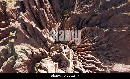 Una splendida fotografia aerea che mostra intricate formazioni rocciose scolpite dall'erosione naturale in un terreno desertico. Foto Stock