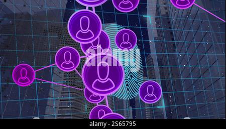 Immagine della rete di connessioni con icone e impronte biometriche su server informatici Foto Stock