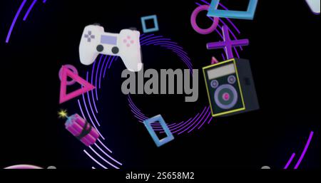 Immagine di icone, gamepad e controller di gioco su una spirale su sfondo nero Foto Stock
