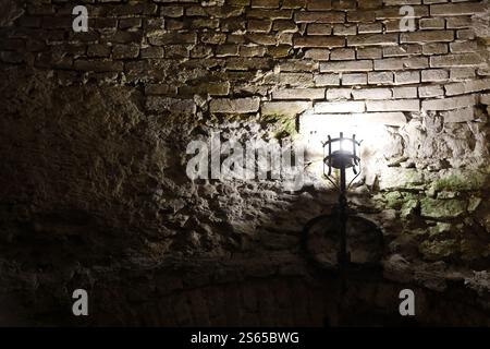 Torcia del castello medievale illuminata appesa su un muro di pietra, oggetti d'epoca e sfondo. Torcia medievale illuminata appesa su un muro di pietra, vintage Foto Stock