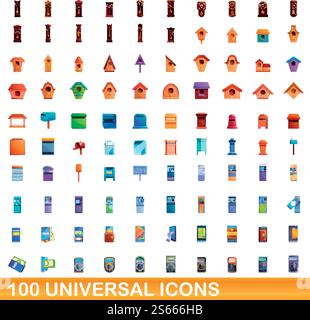 set di 100 icone universali. Illustrazione a cartoni animati di 100 icone vettoriali universali isolate su sfondo bianco. set di 100 icone universali, stile cartone animato Illustrazione Vettoriale