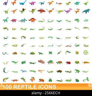 100 set di icone dei rettili. Illustrazione a cartoni animati di 100 icone vettoriali isolate su sfondo bianco. set di 100 icone rettili, stile cartone animato Illustrazione Vettoriale