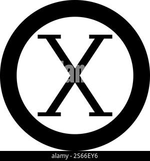 Simbolo greco chi lettera maiuscola icona del carattere in maiuscolo in cerchio, colore nero, illustrazione vettoriale, stile piatto immagine semplice. Icona del carattere maiuscolo del simbolo greco chi in maiuscolo in cerchio, immagine vettoriale rotonda nera, immagine in stile piatto Illustrazione Vettoriale