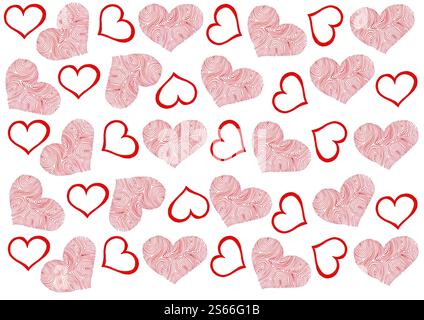 Set di cuori rossi di diverse dimensioni e consistenze. Sfondo bianco. Doodle. Due tipi di cuori. Contorno rosso e sottili linee rosse che si ripetono in semicircoli. Simbolo dell'amore. San Valentino. Matrimonio. Foto Stock