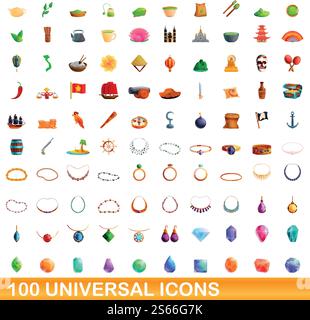 set di 100 icone universali. Illustrazione a cartoni animati di 100 icone vettoriali universali isolate su sfondo bianco. set di 100 icone universali, stile cartone animato Illustrazione Vettoriale