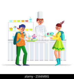 Pranzo per bambini presso la scuola Canteen Cafeteria Vector. Studenti o alunni sorridenti felici con piatto e fornello nella Canteen Dining Hall. Illustrazione dei personaggi degli snack alimentari Flat Cartoon. Pranzo per bambini presso la scuola Canteen Cafeteria Vector Illustrazione Vettoriale