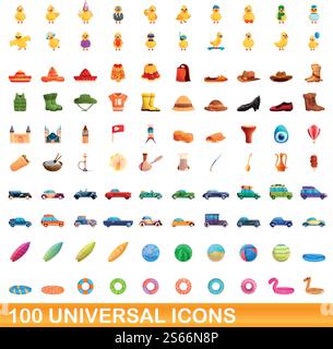 set di 100 icone universali. Illustrazione a cartoni animati di 100 icone vettoriali universali isolate su sfondo bianco. set di 100 icone universali, stile cartone animato Illustrazione Vettoriale