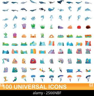 set di 100 icone universali. Illustrazione a cartoni animati di 100 icone vettoriali universali isolate su sfondo bianco. set di 100 icone universali, stile cartone animato Illustrazione Vettoriale