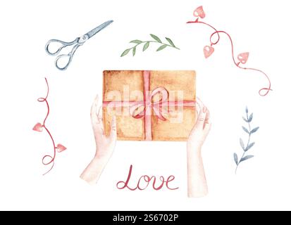 Scena di San Valentino, composizione. Mani femminili che tengono in mano una confezione regalo marrone con nastro in raso rosso con fiocco. Ghirlanda con luci a forma di cuore Foto Stock