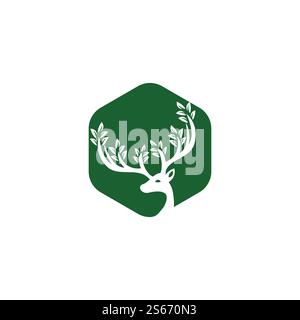 Design del logo dei cornisti in foglia di cervo. Illustrazione Vettoriale