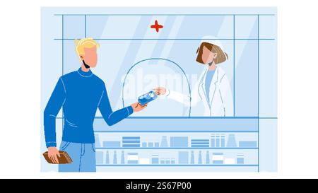 Cliente farmacia che acquista la scatola delle pillole di medicina linea nera matita disegno vettore. Cliente uomo Acquista il pacchetto della droga medica in farmacia negozio, farmacista donna dare il pacchetto della capsula del medicamento. Memorizzare l'illustrazione. Cliente della farmacia che acquista pillole mediche Vector Illustrazione Vettoriale