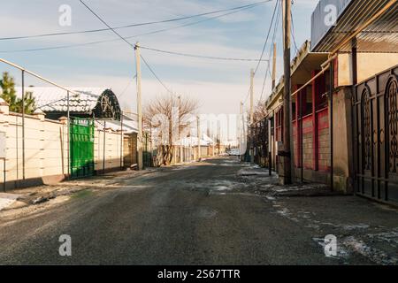 Una strada con case private a Shymkent. Settore privato di case a un piano in Kazakistan Foto Stock