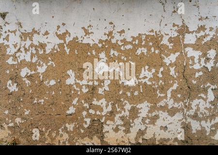 muro di casa costruito con fieno e argilla. la vernice si stacca dalla parete. consistenza di argilla e vernice leggera Foto Stock