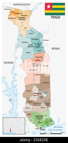 Mappa vettoriale amministrativa dello stato dell'Africa occidentale del Togo Foto Stock