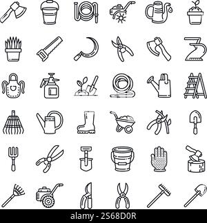 Set di icone degli strumenti per il giardinaggio. Delineare il set di icone vettoriali degli strumenti per il giardinaggio per il web design isolate su sfondo bianco. Set di icone degli strumenti per il giardinaggio, stile del contorno Illustrazione Vettoriale