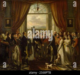 Phillips, Thomas; The Allied Sovereigns at Petworth, 24 giugno 1814 (George, 1751-1837, III conte di Egremont, con i suoi figli che guardano, è presentato da Giorgio, principe reggente, allo zar Alessandro i di Russia nella Marble Hall di Petworth con il re di Prussia, Federico Guglielmo III); National Trust, Petworth House; http://www.artuk.org/artworks/the-allied-sovereigns-at-petworth-24-june-1814-george-17511837-3rd-earl-of-egremont-with-his-children-looking-on-is-presented-by-george-prince-regent-to-tsar-alexander-i-of-russia-in-the-marble-hall-at-petworth-with-the-king-of-prussia-frederick-will Foto Stock