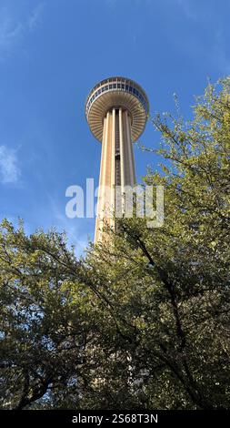 Una vista mozzafiato della Torre delle Americhe a San Antonio, Texas, catturata dal basso in un giorno limpido di dicembre. Foto Stock