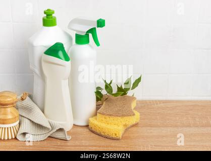 Prodotti per la pulizia eco-compatibili disposti su un ripiano in legno, che enfatizzano le pratiche di pulizia sostenibili e rispettose dell'ambiente Foto Stock