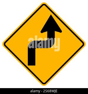 Segnali di avvertimento curva doppia appuntite, prima a destra su sfondo bianco Illustrazione Vettoriale