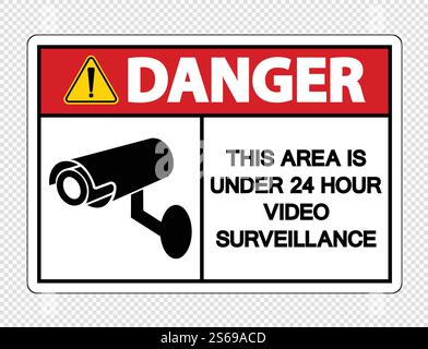 Pericolo quest'area è sotto 24 ore di videosorveglianza Sign on transparent background, Vector llustration Illustrazione Vettoriale