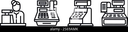 Set di icone cassiere. Contorno delle icone vettoriali del cassiere per il web design isolate su sfondo bianco. Set di icone cassiere, stile contorno Illustrazione Vettoriale