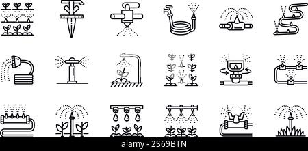 Set di icone del sistema di irrigazione. Contorno delle icone vettoriali del sistema di irrigazione per la progettazione Web isolate su sfondo bianco. Set di icone del sistema di irrigazione, stile del contorno Illustrazione Vettoriale