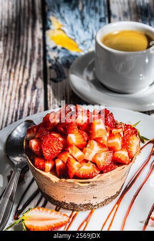 Torta alla fragola con cioccolato, accompagnata da un caffè. Foto Stock
